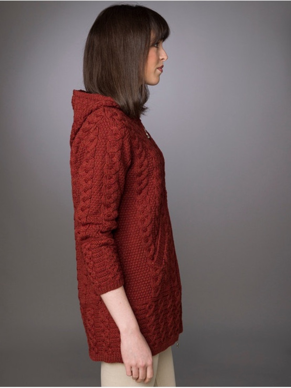 Aran Merino Wool Cable Knit Hooded Zip Cardigan – Rust Red, Size Medium - Picture 3 of 14